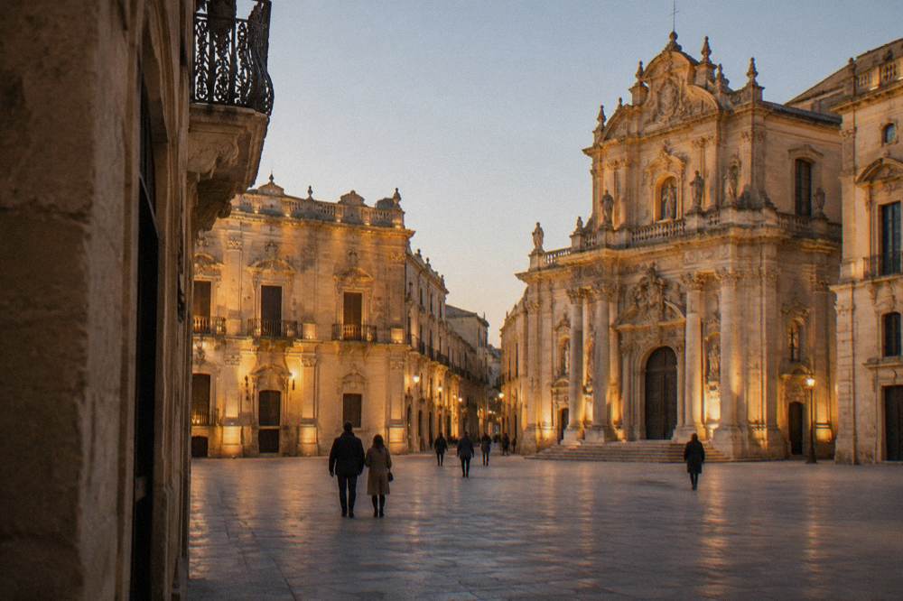 An empty evening square in Lecce with lit baroque facades and a few people walking