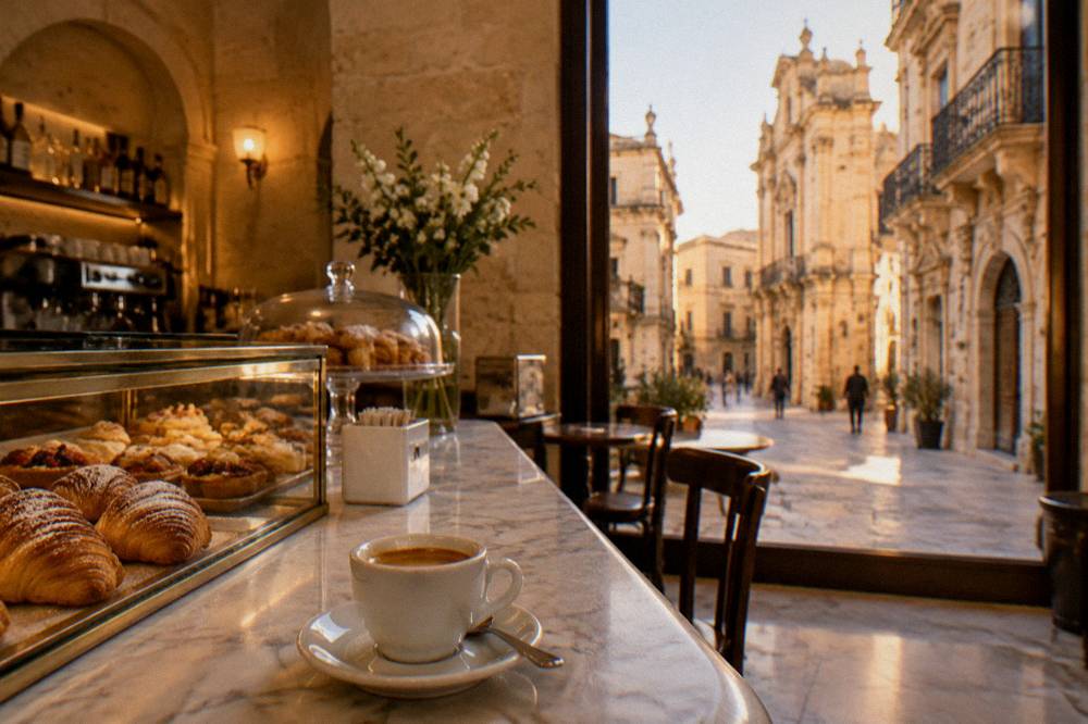 A Lecce cafe interior with a marble counter of pastries and an espresso cup