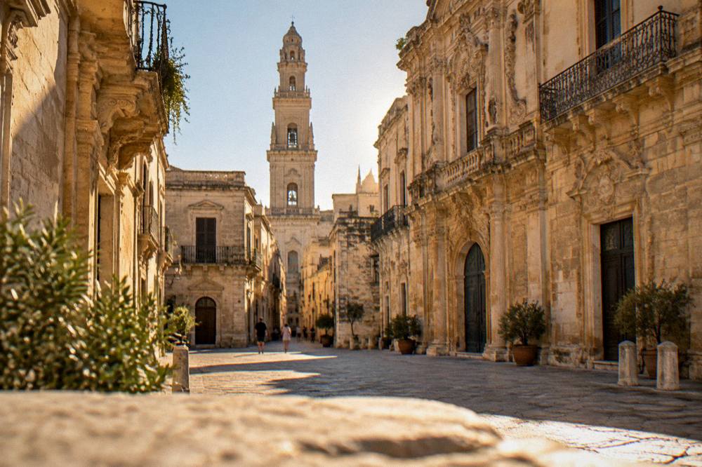 Golden late afternoon light on a Lecce baroque facade with a bell tower behind