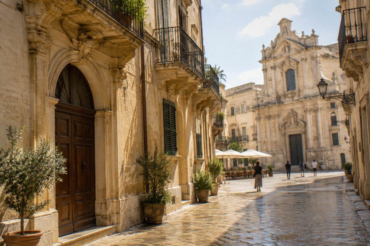 Sunlit baroque facade in the old town of Lecce on a summer afternoon