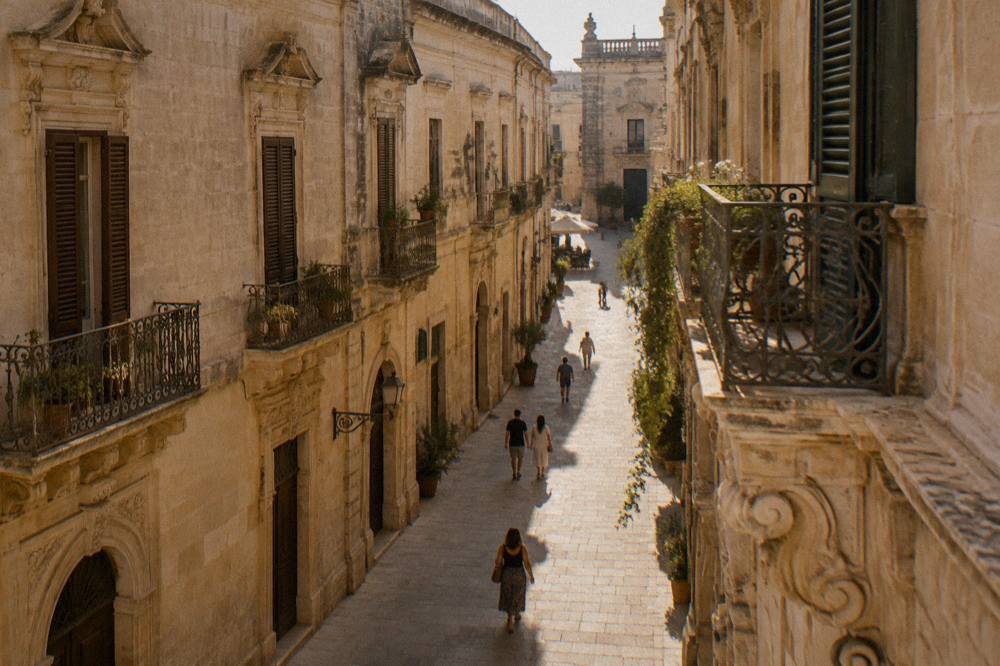 Narrow shaded street in the historic centre of Lecce at midday