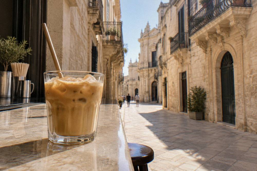 Iced coffee with almond milk served in a glass on a bar counter in Lecce