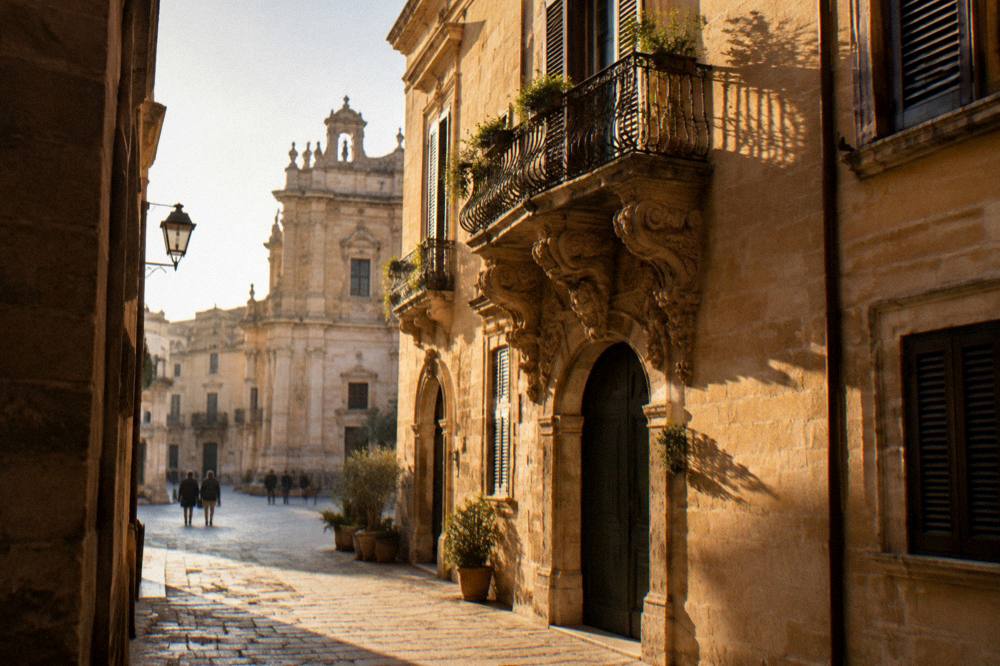 Warm light on a baroque balcony in Lecce at winter sunset
