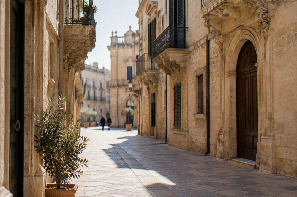 Quiet old town street in cool winter light