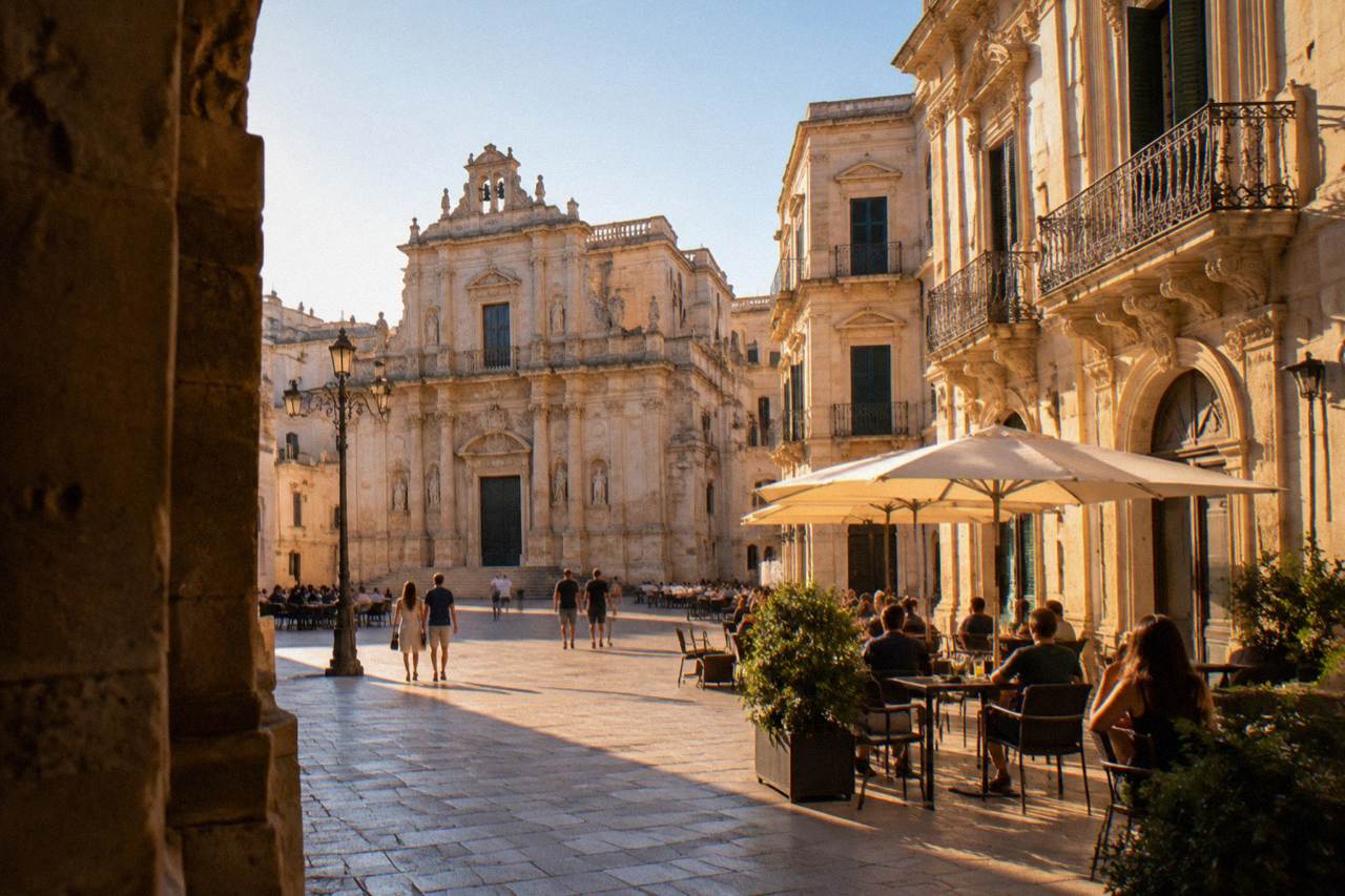 A lit baroque square in Lecce at dusk with people walking and cafe tables outdoors