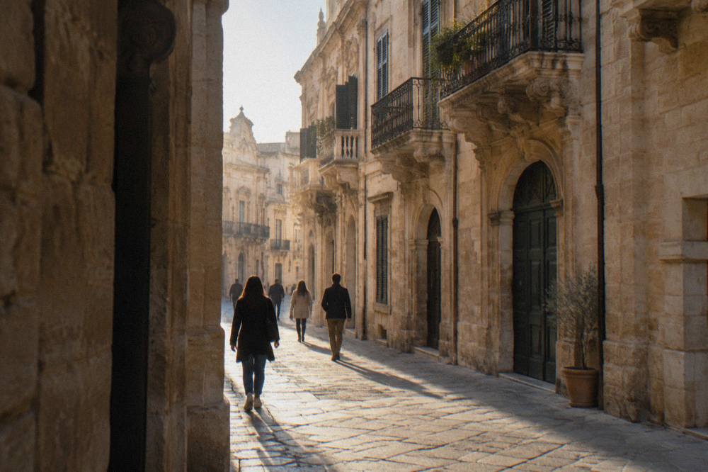 People strolling through a narrow lit street in Lecce's old town in the evening