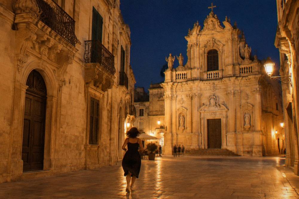 The illuminated facade of a baroque church in Lecce seen at night