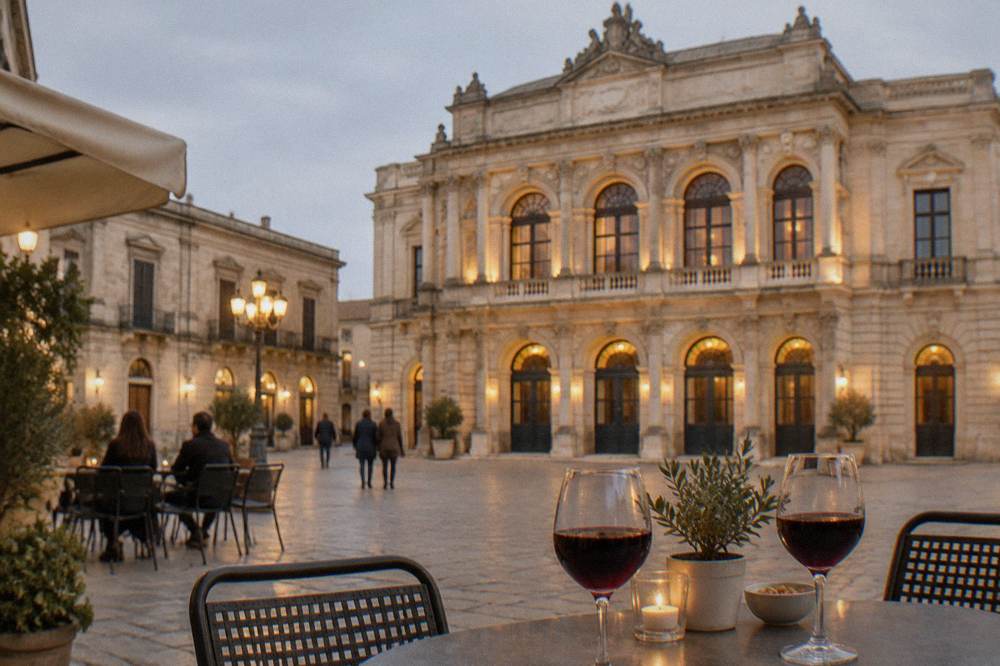 Glasses of red Salento wine on an outdoor table in a lit courtyard