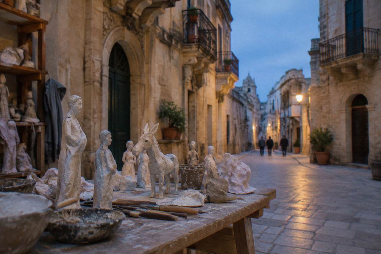 A workshop table in Lecce covered with unfinished papier mache figures and sculpting tools
