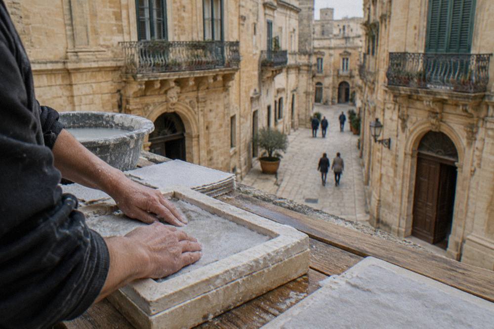 Hands pressing wet paper into a plaster mold on a Lecce workbench