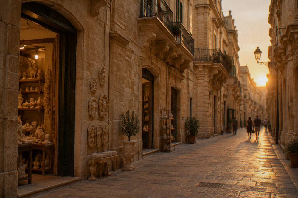 A narrow stone street in Lecce's old town lit at dusk near workshop storefronts