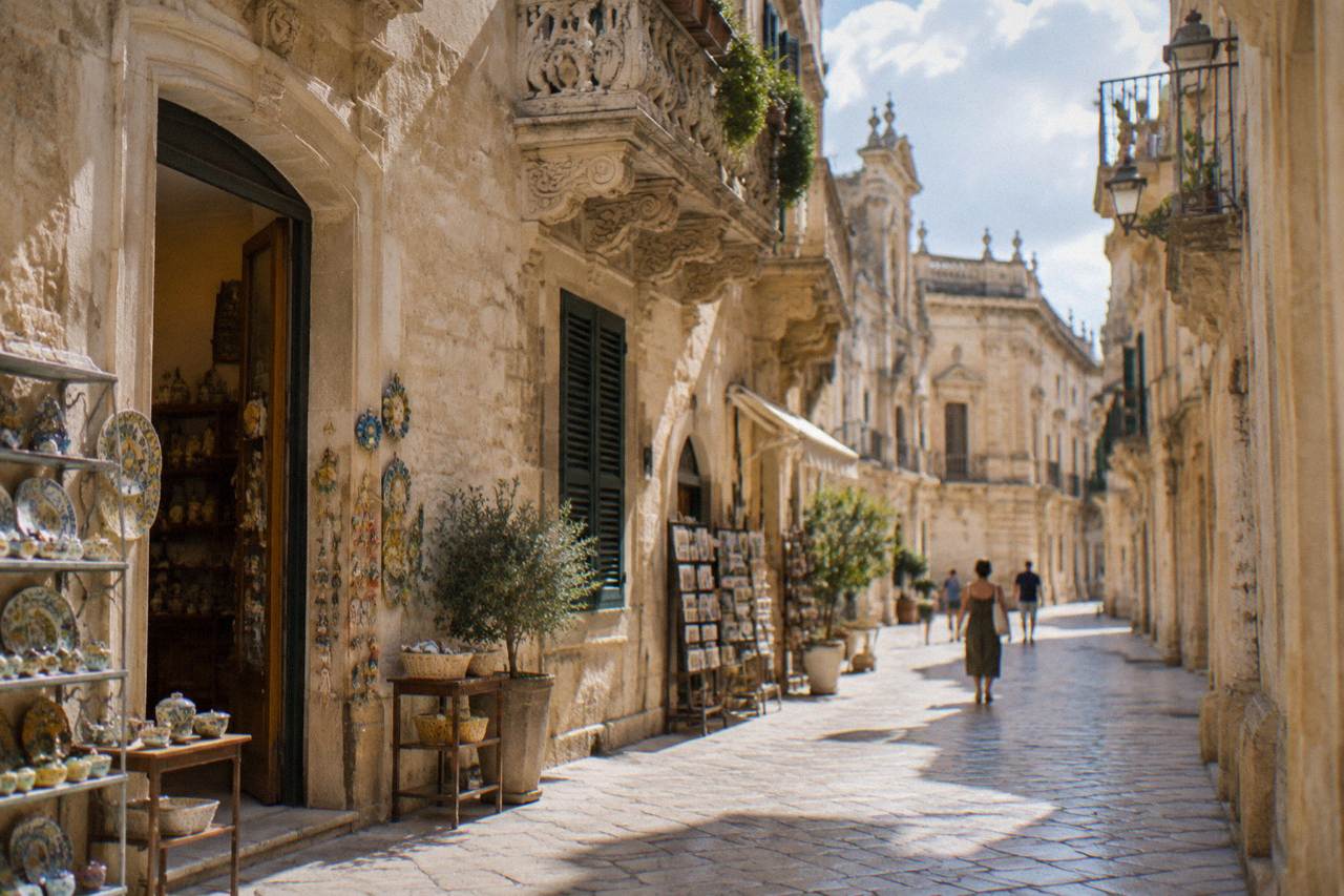A sunlit Lecce street with stone facades and small shopfronts displaying local crafts
