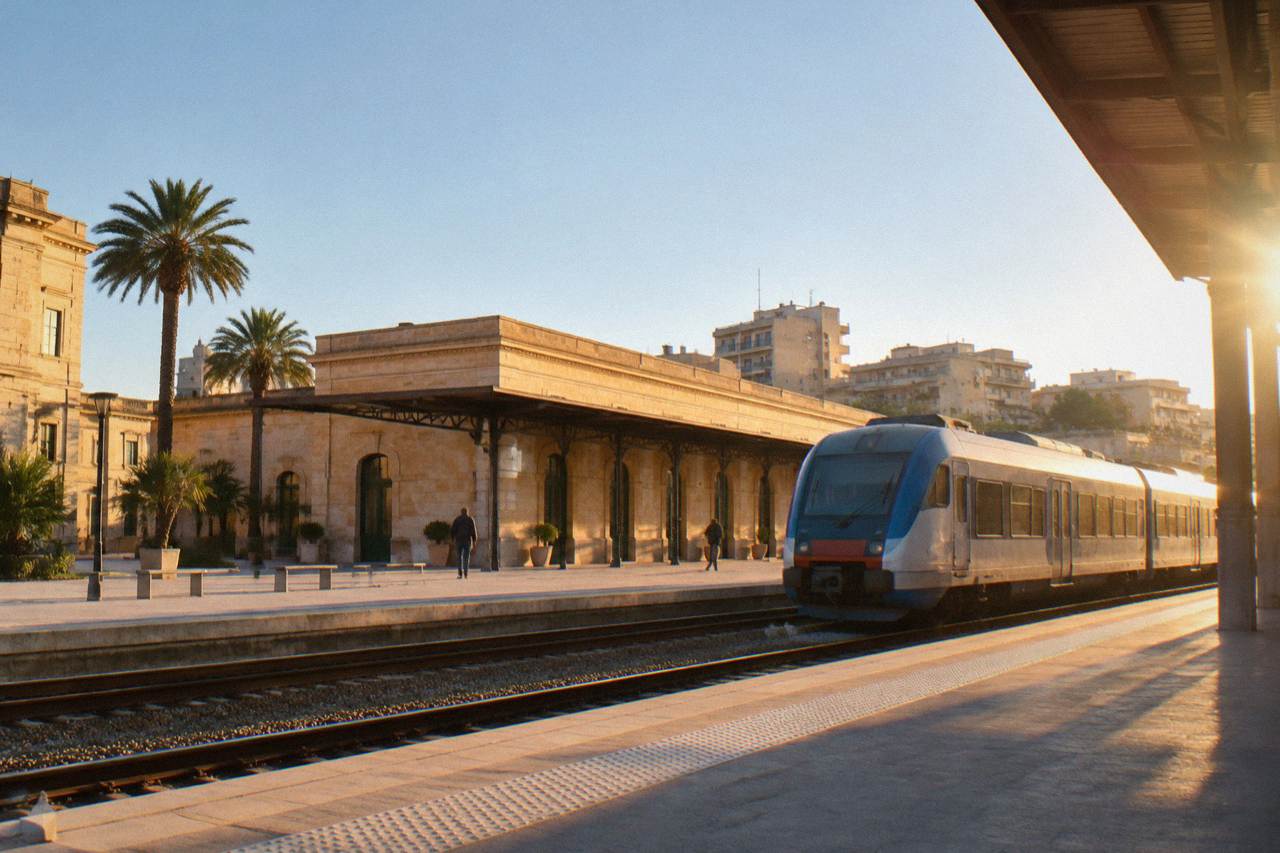 A regional train waiting at a sunlit Italian railway platform with station buildings behind it