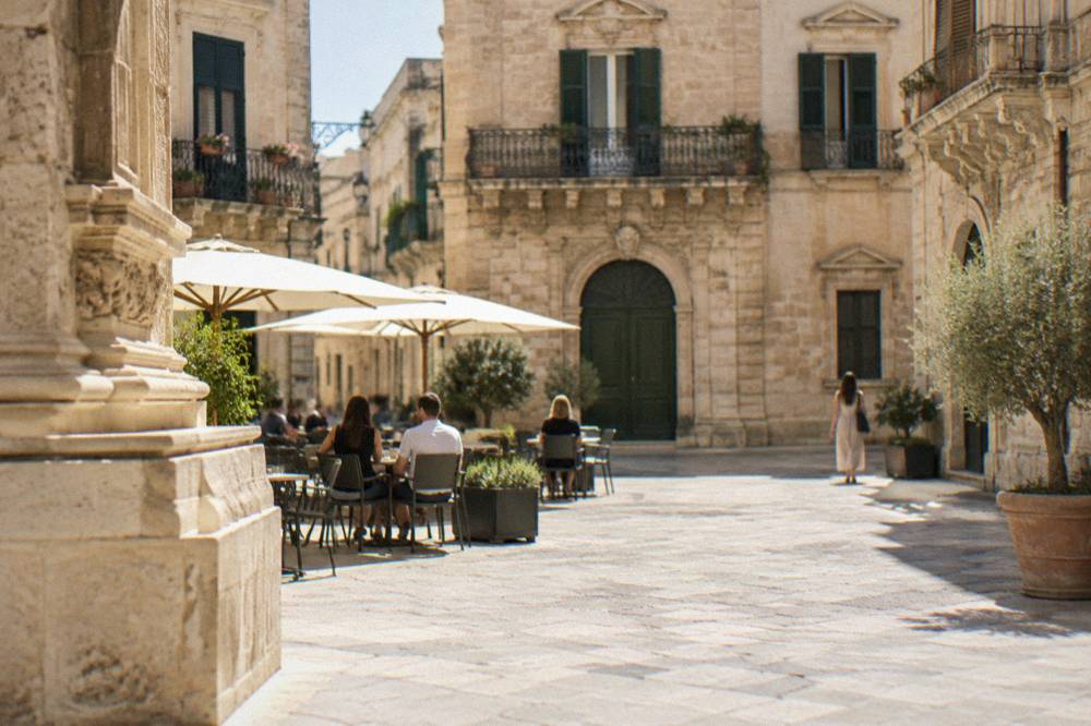 A small square in a southern Italian old town with pale stone buildings and cafe tables