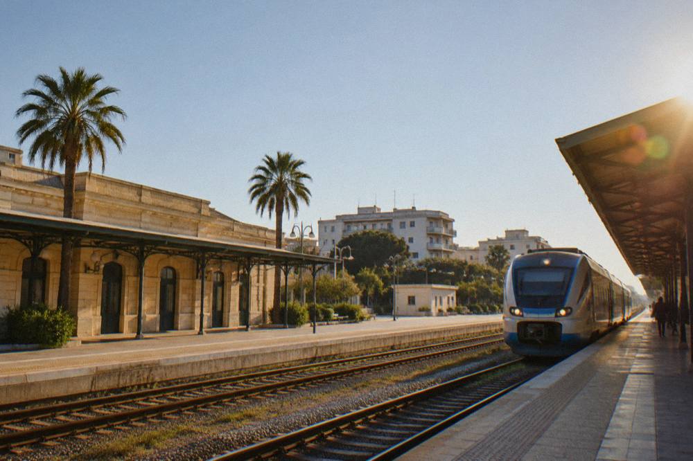 A modern regional train pulling into a platform at an Italian terminus station in morning light