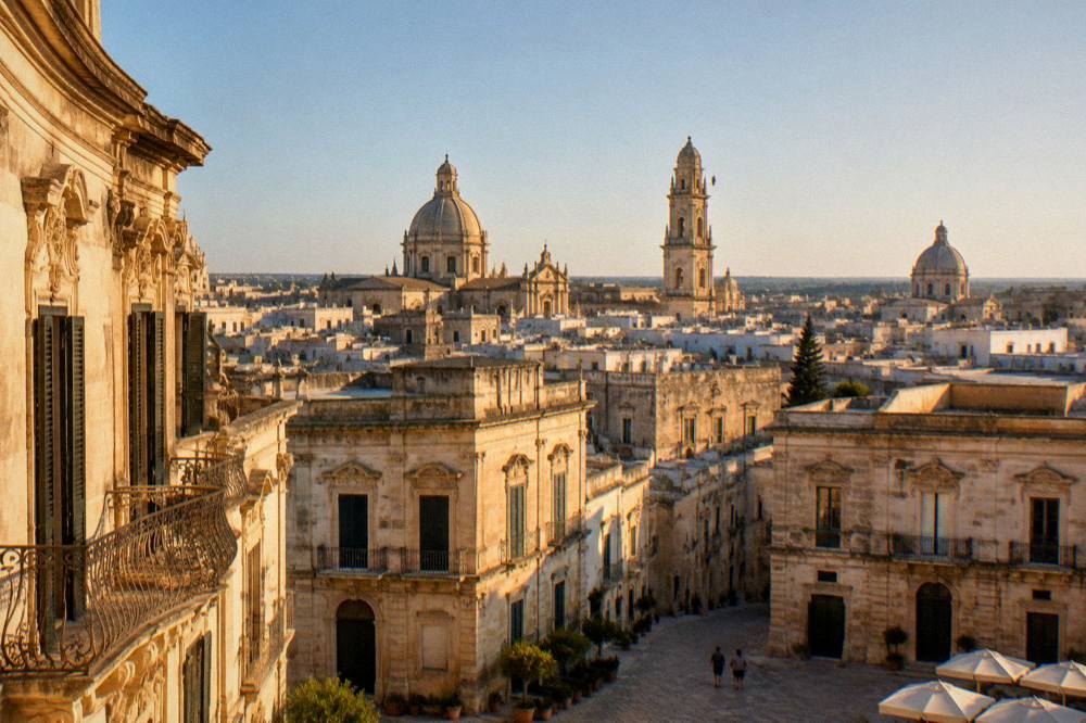 A wide view of a southern Italian old town skyline with church domes and bell towers in warm evening light