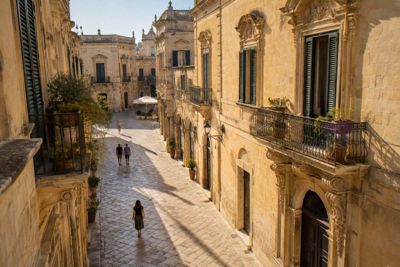 Golden baroque facades in Lecce old town under a clear blue sky