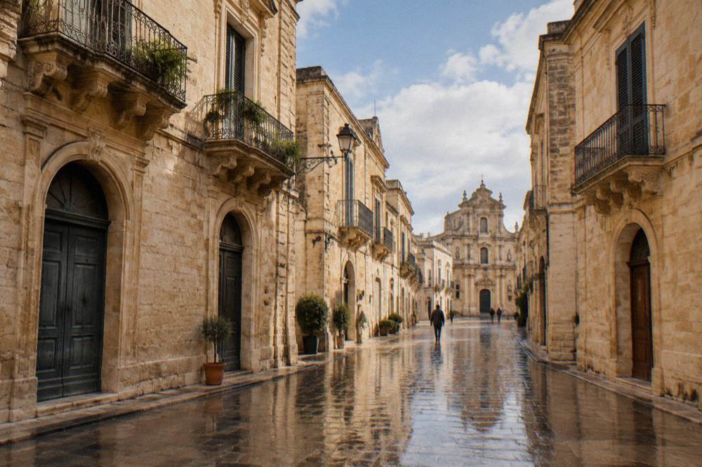 Wet cobblestone street in Lecce old town reflecting baroque buildings on a rainy winter day