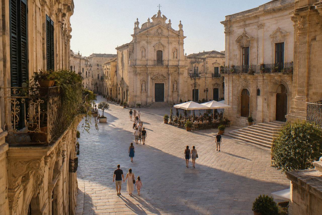 A sunlit limestone square in Lecce with families walking among baroque facades