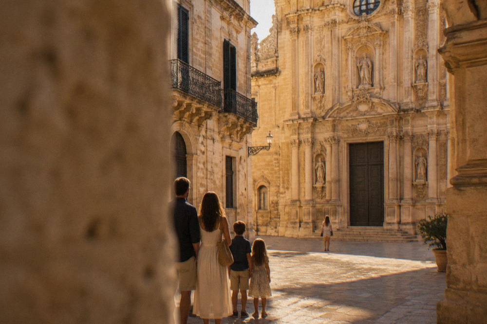 A family pausing at a gilded baroque church facade in Lecce