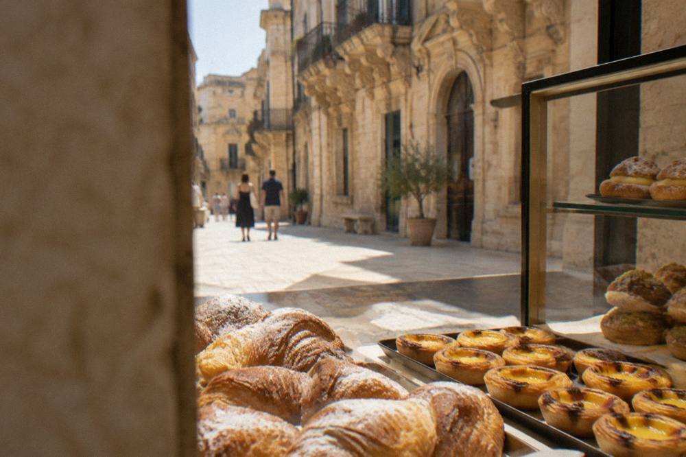 Pastries and small custard tarts on a bakery counter in Lecce