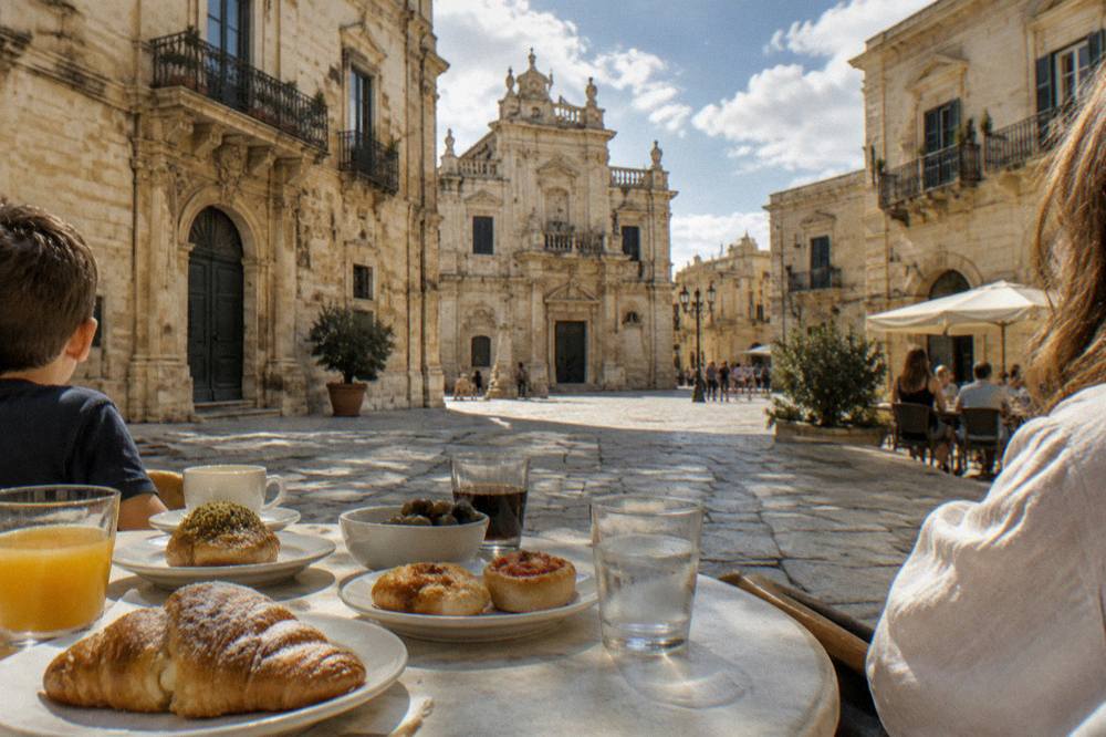 A family sharing a table of small plates and pastries in a Lecce square