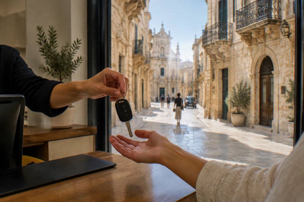 A rental car key being handed over a counter with baroque buildings visible through the window
