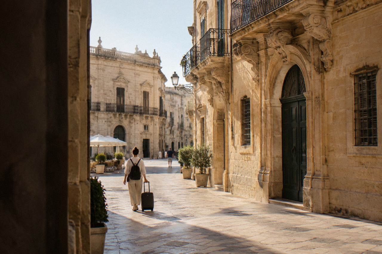 Sunlit Lecce street with baroque limestone facades and a traveller pulling a small wheeled suitcase over smooth paving