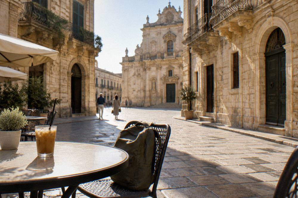 Cafe table in Lecce with an iced coffee and a backpack resting on a chair
