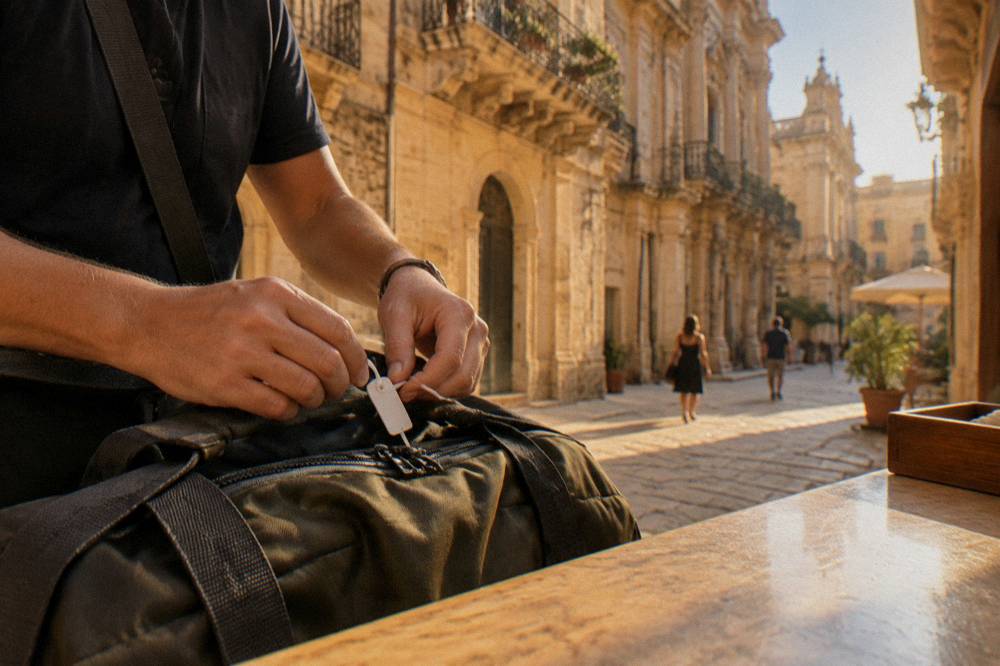 Person sealing a travel bag with a numbered tag at a shop counter