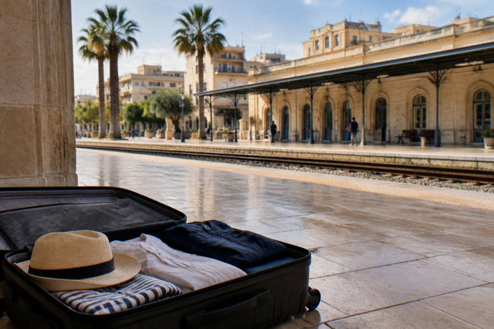 Open small suitcase on a tiled floor with sun hat, light clothes and a folded rain jacket