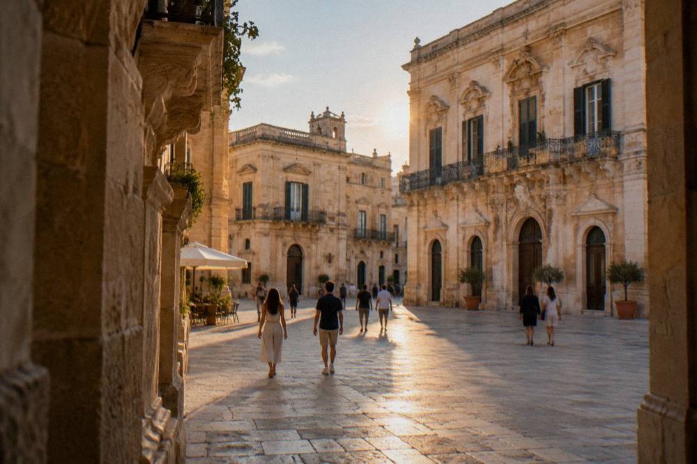 Wide pedestrian square in Lecce old town at golden hour with people walking without bags
