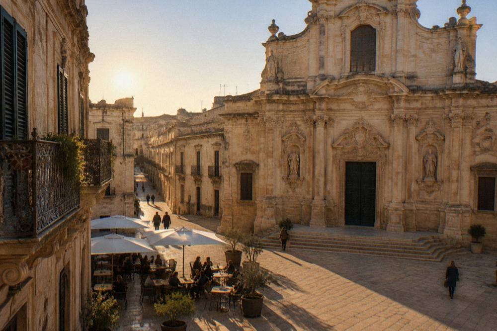 Evening view of a Lecce baroque church facade lit warmly with people seated at outdoor tables