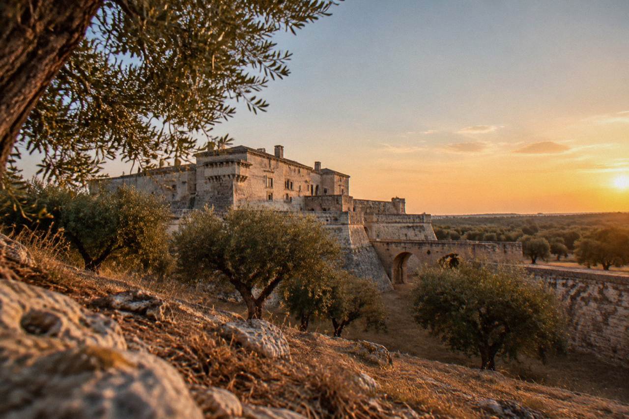 A fortified stone farmhouse surrounded by olive groves under a warm evening sky in the Salento countryside
