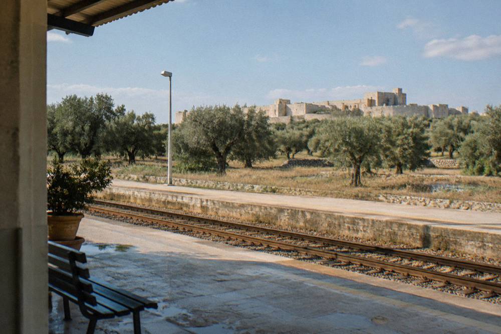 A rural railway station platform with olive trees behind it in the Salento plain