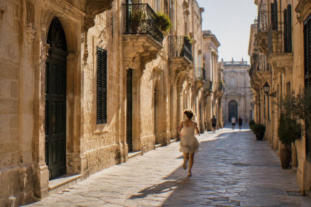 A narrow stone street in Lecce with baroque facades glowing in late afternoon light