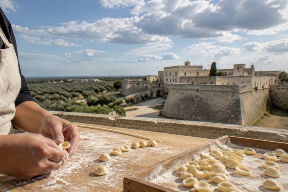 Hands shaping small ear-shaped orecchiette pasta on a floured wooden board