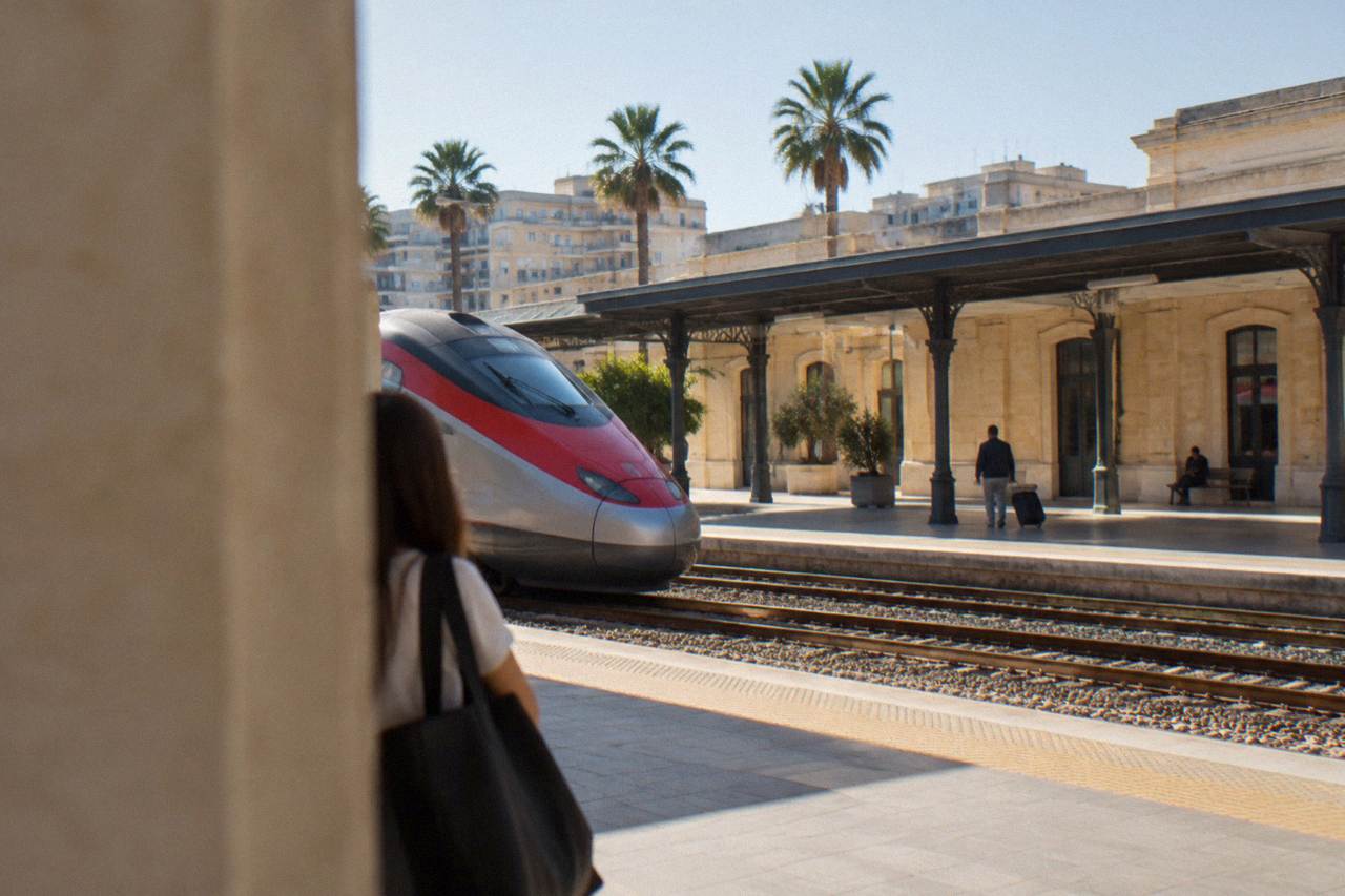 A high speed train waiting at an Italian railway station platform beside a departure board