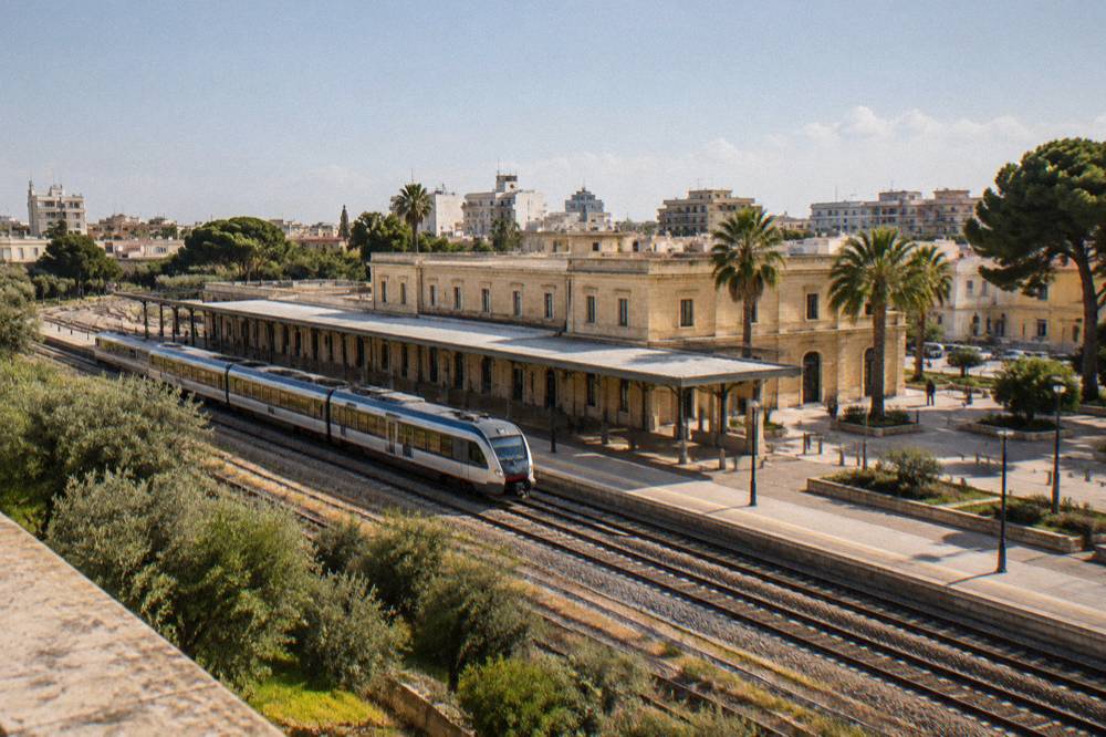 A regional train travelling through olive groves and flat countryside in Puglia