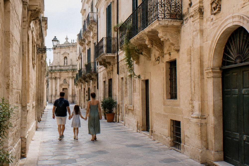 A family walking through a narrow limestone street in Lecce's old town in summer