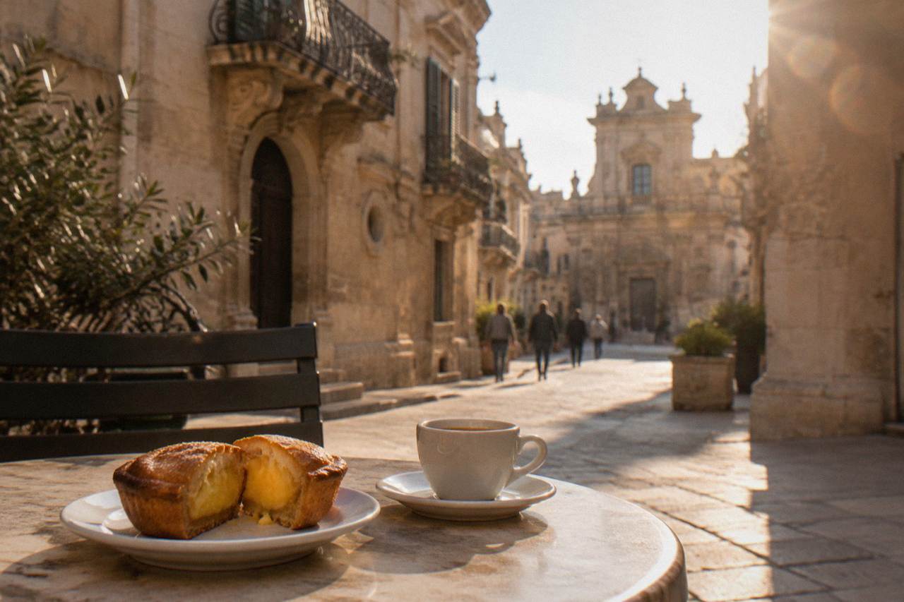A golden pasticciotto pastry cut open to show the custard filling, on a small plate beside an espresso cup