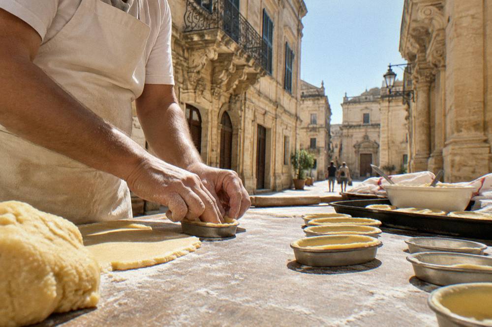A baker pressing shortcrust pastry into small oval tins on a floured workbench