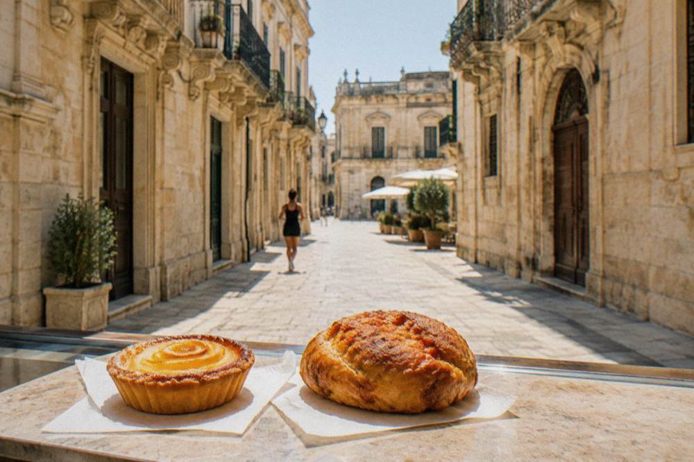 Two pastries side by side on a counter, a golden sweet tart and a round savoury rustico