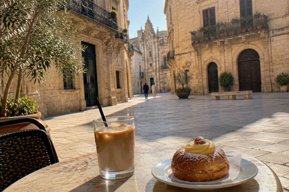 An iced coffee with almond milk in a glass next to a custard pastry on a cafe table