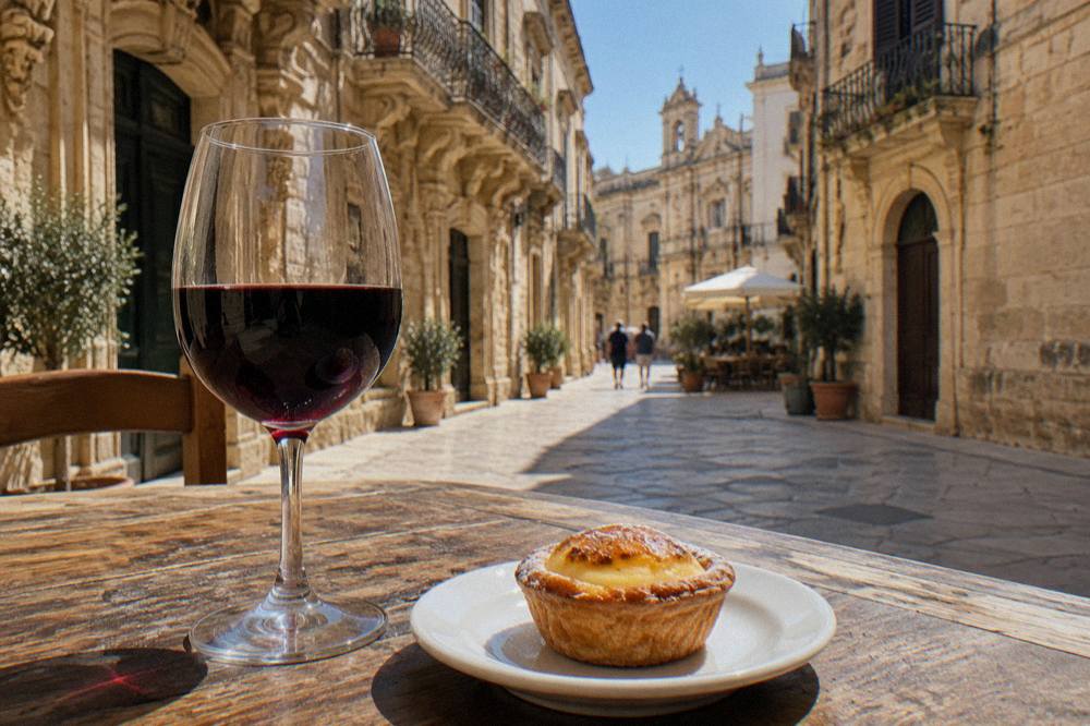 A glass of dark red wine and a small custard pastry on a rustic wooden table