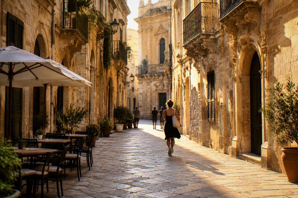 A narrow Lecce street in golden evening light with cafe tables and baroque facades