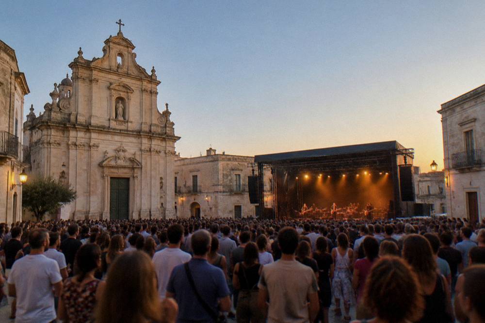 A large open-air crowd in front of a festival stage in a small southern Italian town at dusk