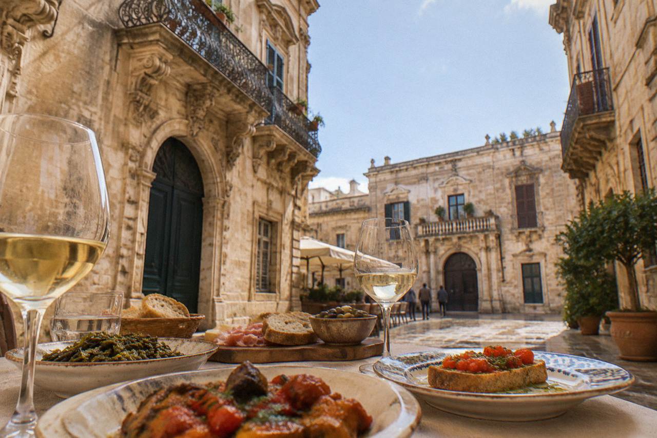 A table of Salento dishes with wine glasses in a Lecce old town courtyard