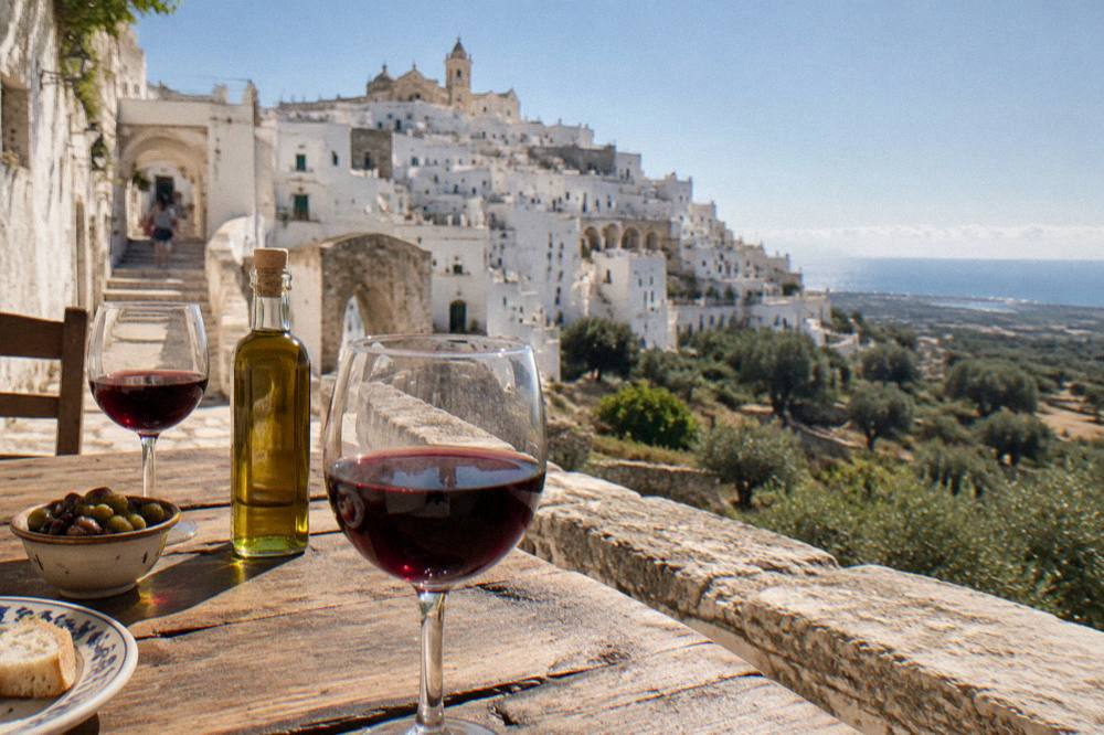Glasses of red Negroamaro wine on a rustic table beside an olive oil bottle