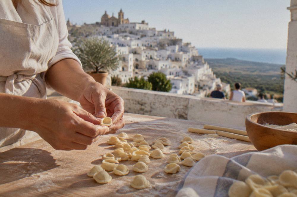 Hands shaping orecchiette pasta on a floured wooden table during a cooking class